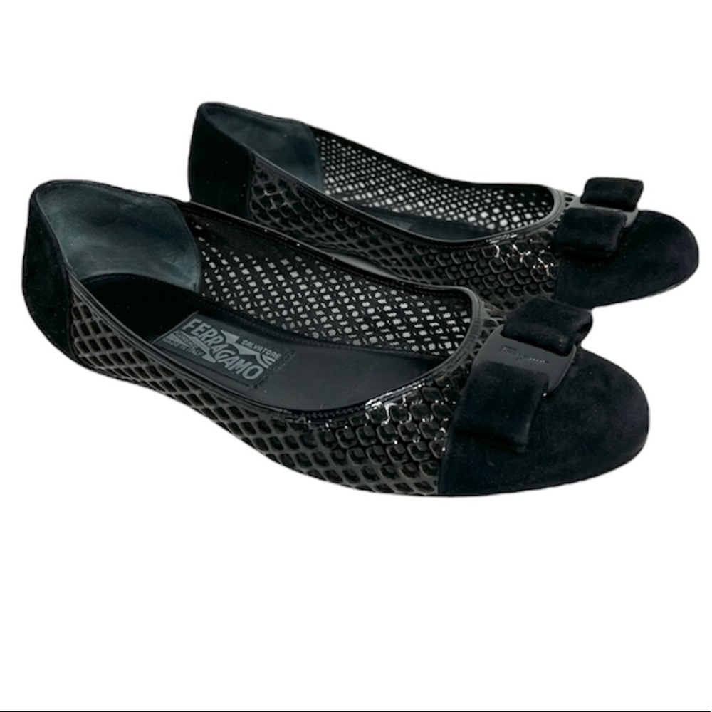 Salvatore Ferragamo Black Patent & Suede Vara Bow Flats